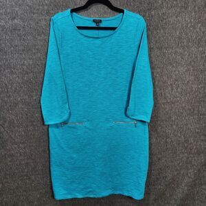 NWT Talbots 3/4 Sleeve Cotton Dress M Turquoise Round Neck Zipper Pockets